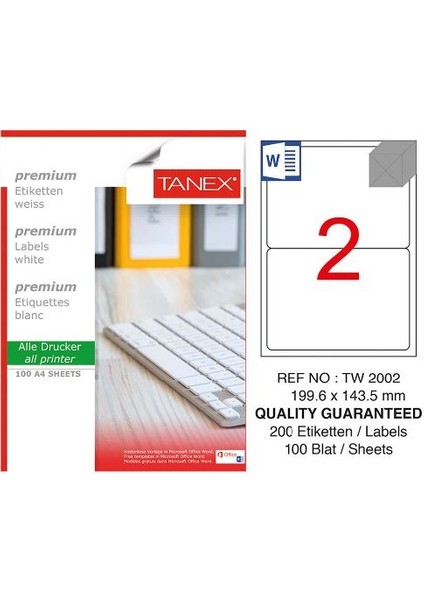 Tanex Lazer Etiket 100 Yp 200 Lü 199.6X143.5 Laser-Copy-Inkjet TW-2002
