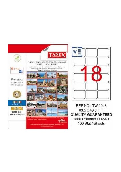 Tanex Lazer Etiket 100 Yp 1800 Lü 63.5X46.6 Laser-Copy-Inkjet TW-2018