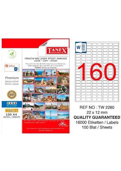 Tanex Lazer Etiket 100 Yp 16000 Li 22X12 Laser-Copy-Inkjet TW-2280