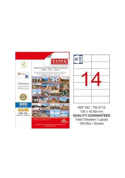Tanex Lazer Etiket 100 Yp 1400 Lü 105X42.69 Laser-Copy-Inkjet TW-2712