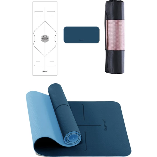Gymo Hizalamalı 6mm Tpe Yoga Matı Pilates Minderi Diz Dirsek Koruyucu Matlı Set Mavi