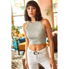 Kasheha Kadın Gri Rambo Yaka Likralı Örme Kaşkorse Crop Bluz - KSH00105