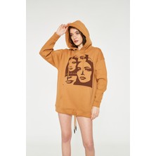 Bexy - Baskılı Kapüşonlu Kahverengi Sweatshirt | 160408-A-1