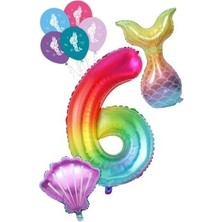 Parti Sürprizi 6 Rakam Gökkuşağı Deniz Kızı Folyo Balon Seti