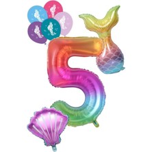 Parti Sürprizi 5 Rakam Gökkuşağı Deniz Kızı Folyo Balon Seti