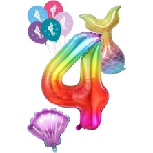 Parti Sürprizi 4 Rakam Gökkuşağı Deniz Kızı Folyo Balon Seti