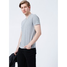 Limon V Yaka Basic Düz Gri Melanj Erkek T-Shirt - TOM