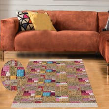 Bona Fortuna Kırkyama Patchwork Desenli Etnik Dijital Baskı Yıkanabilir Kaymaz Taban Salon Halı ve Yollu