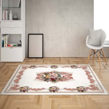 Bona Fortuna Gül Desen Çerçeveli Dijital Baskı Yıkanabilir Kaymaz Taban Vintage Salon Halısı ve Yolluk