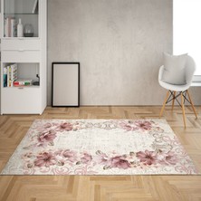 Bona Fortuna Çiçek Desenli Çerçeveli Dijital Baskı Yıkanabilir Kaymaz Taban Vintage Salon Halısı ve Yolluk