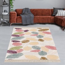 Bona Fortuna Kuş Tüyü Yaprak Desenli Yıkanabilir Dijital Baskılı Kaymaz Taban Leke Tutmaz Salon Halısı ve Yolluk