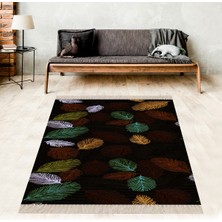 Bona Fortuna Kuş Tüyü Yaprak Desenli Yıkanabilir Dijital Baskılı Kaymaz Taban Leke Tutmaz Salon Halısı ve Yolluk