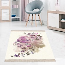 Bona Fortuna Kelebek Desenli Dijital Baskı Yıkanabilir Kaymaz Taban Vintage Salon Halı ve Yolluk