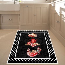 Bona Fortuna Çaydanlık Fincan Çiçek Desenli Dijital Baskılı Kaymaz Taban Yıkanabilir Leke Tutmaz Mutfak Halısı