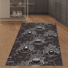 Bona Fortuna Coffee Fincan Desenli Dijital Baskılı Kaymaz Taban Yıkanabilir Leke Tutmaz Siyah Mutfak Halısı