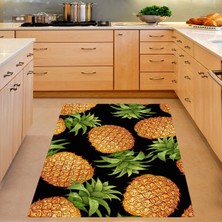 Bona Fortuna Ananas Desenli Dijital Baskı Yıkanabilir Kaymaz Taban Leke Tutmaz Siyah Mutfak Halısı