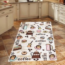 Bona Fortuna Coffee Fincan Desenli Dijital Baskılı Kaymaz Taban Yıkanabilir Leke Tutmaz Siyah Mutfak Halısı