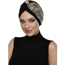 ELYSIANfidan Özel Tasarım Siyah Bej-Altın Pullu Fileli Etnik Desenli Astarlı Hazır Türban Tesettür Abiye Bone