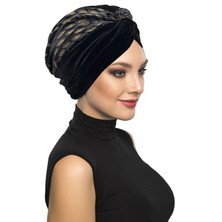 ELYSIANfidan Özel Tasarım Siyah Altın Badem Desenli Kadife Dokulu Astarlı Hazır Türban Tesettür Abiye Bone