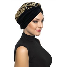 ELYSIANfidan Özel Tasarım Siyah Üzeri Altın Payetli Etnik Desenli Astarlı Hazır Türban Tesettür Abiye Bone