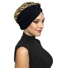 ELYSIANfidan Özel Tasarım Siyah Üzeri Altın Dalgalı Payetli Astarlı Hazır Türban Tesettür Abiye Bone