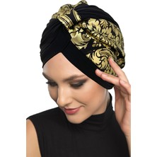 ELYSIANfidan Özel Tasarım Siyah Üzeri Altın Osmanlı Motifli Astarlı Hazır Türban Tesettür Abiye Bone