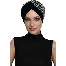 ELYSIANfidan Özel Tasarım Siyah Üzeri Gümüş Ekose Desenli Astarlı Hazır Türban Tesettür Abiye Bone