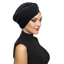 ELYSIANfidan Özel Tasarım Siyah Üzeri Siyah Desenli Payetli Astarlı Hazır Türban Tesettür Abiye Bone