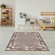 Bona Fortuna Çiçek Desenli Dijital Baskı Yıkanabilir Kaymaz Taban Göbekli Leke Tutmaz Salon Halı Yolluk(K.kahve)