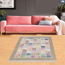 Bona Fortuna Geometrik Kare Blok Desenli Dijital Baskı Yıkanabilir Kaymaz Taban Modern Salon Halısı (Pudra)