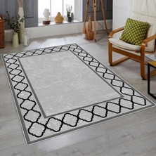 Bona Fortuna Geometrik Karo Çerçeveli Dijital Baskı Yıkanabilir Kaymaz Taban Modern Salon Halısı ve Yolluk(Gri)