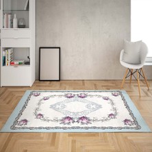 Bona Fortuna Çiçek Varak Desenli Dijital Baskı Yıkanabilir Kaymaz Taban Salon Halısı ve Yolluk (Mavi)