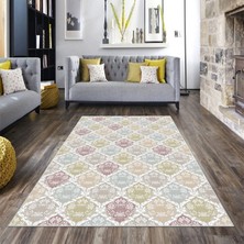 Bona Fortuna Geometrik Karo Şal Desenli Dijital Baskı Yıkanabilir Kaymaz Taban Etnik Kilim Desen Salon Halısı