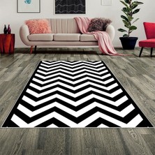 Bona Fortuna Zigzag Desenli Siyah Beyaz Dijital Baskı Yıkanabilir Kaymaz Taban Modern Salon Halısı