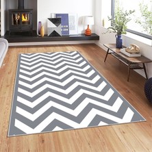 Bona Fortuna Zigzag Desenli Gri Beyaz Dijital Baskı Yıkanabilir Kaymaz Taban Modern Salon Halısı
