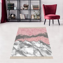 Bona Fortuna Mermer Desenli Gold Şeritli Dijital Baskı Yıkanabilir Kaymaz Taban Salon Halı ve Yolluk(Pembe)