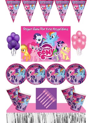 Parti Furyası My Little Pony Doğum Günü 24 kişilik  70X100 CM Afişli  Pony Parti Malzemeleri Seti Masa Etekli