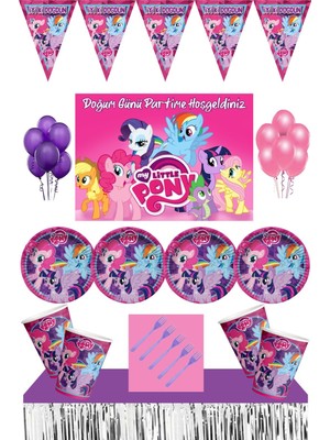Parti Furyası My Little Pony Doğum Günü 24 kişilik  70X100 CM Afişli  Pony Parti Malzemeleri Seti Masa Etekli
