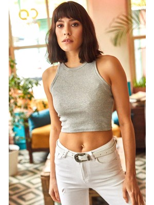 Kasheha Kadın Gri Rambo Yaka Likralı Örme Kaşkorse Crop Bluz - KSH00105