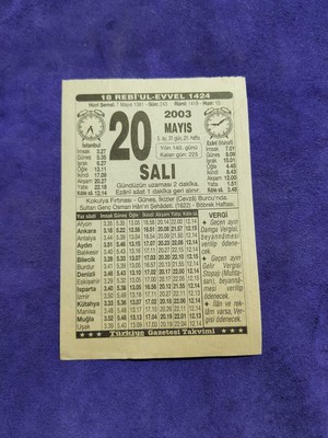 Hasyılmaz 20 Mayıs 2003 Takvim Yaprağı - Nostaljik Koleksiyonluk Takvim Yaprağı