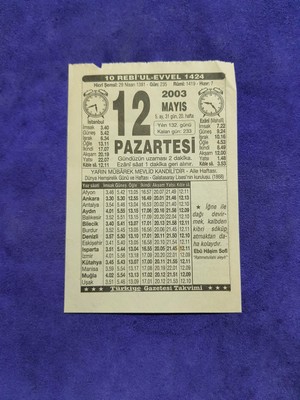 Hasyılmaz 12 Mayıs 2003 Takvim Yaprağı - Nostaljik Koleksiyonluk Takvim Yaprağı