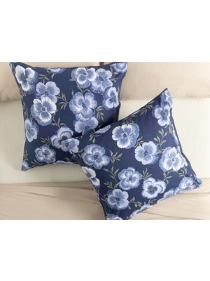 English Home Pansy Bloom Pamuklu 2'li Yastık Kılıfı 65 x 65 cm Koyu Mavi