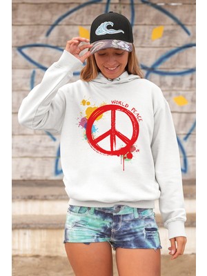 Maymuun Design Dünyada Barış Temalı Baskılı Kapüşonlu Sweatshirt