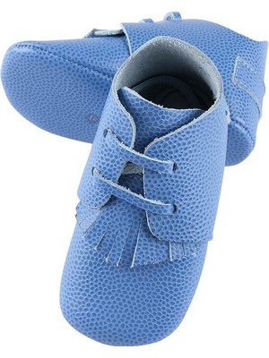 Mukano Deri Anatomik Taban Ilk Adım Ayakkabısı Damarlı Bebe Mavisi Püsküllü-Cırtcırtlı MKN.0175