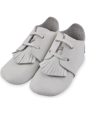 Mukano Deri Anatomik Taban Ilk Adım Ayakkabısı Püsküllü Bağcıklı Beyaz – MKN.0156