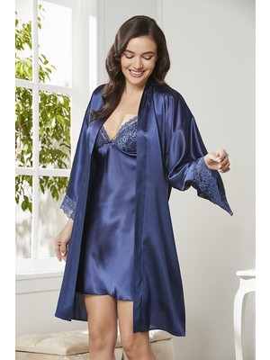 Pierre Cardin Saten Dantelli Gecelik & Sabahlık Takım - 4250 Lacivert