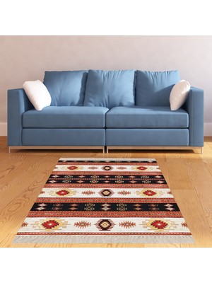 Bona Fortuna Kilim Desenli Etnik Dijital Baskı Yıkanabilir Kaymaz Taban Modern Salon Halı ve Yolluk