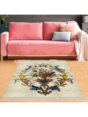 Bona Fortuna Çiçek Desenli Etnik Dijital Baskı Yıkanabilir Kaymaz Taban Salon Halı ve Yolluk