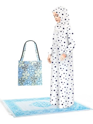 Oulabi Mir Pratik Fermuarlı Pamuklu Kız Çocuk Namaz Elbisesi 4 Parçalı Set Larcivert Baskılı