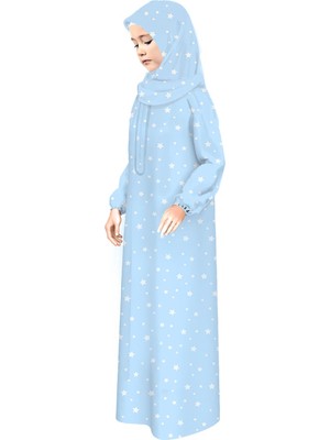 Oulabi Mir Pratik Fermuarlı Pamuklu Kız Çocuk Namaz Elbisesi Mavi Baskılı